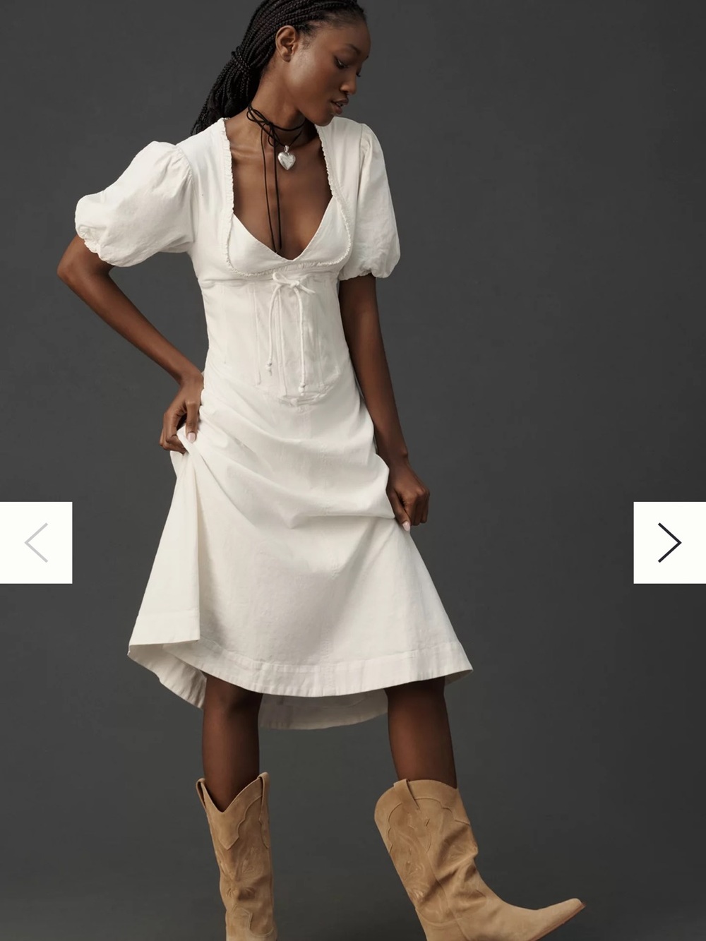 Anthropologie L White Puff-Sleeve Midi Milkmaid Dress Plunging Ren Fest Coastal